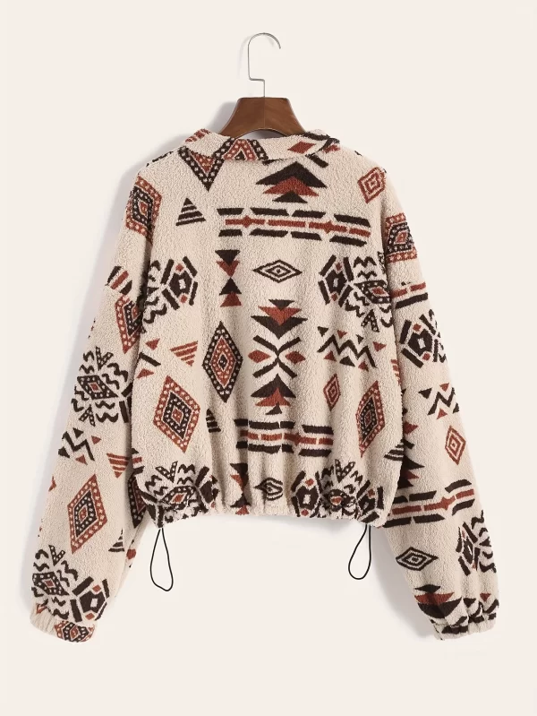 Geometric Pattern Ultra-Fine Fleece Sweater with Zipper for Women - Image 2