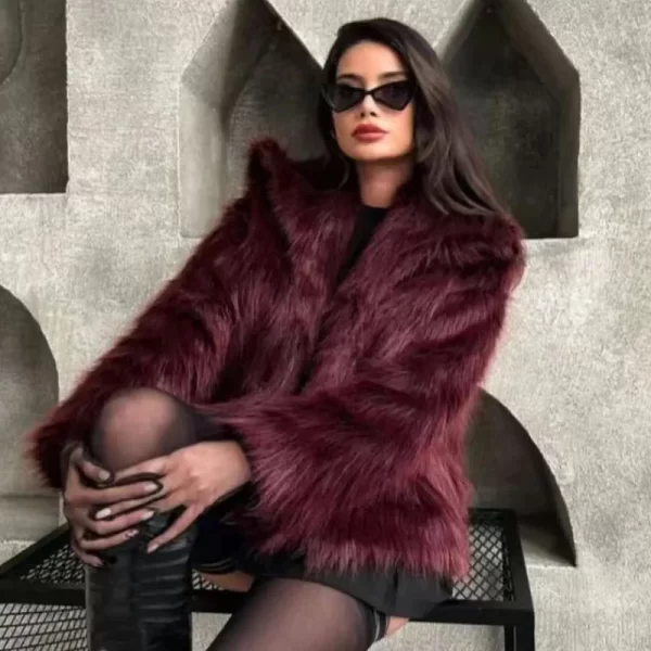 Plush Burgundy Bomber Jacket for Women - Cozy Winter Fur Coat - Image 3