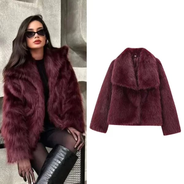 Plush Burgundy Bomber Jacket for Women - Cozy Winter Fur Coat