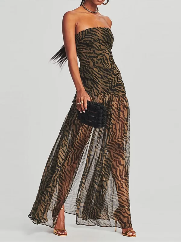 Tropical Leopard Print Strapless Mesh Patchwork Long Tube Dress