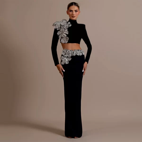 Elegant Women’s Two-Piece Diamond Embellished Set - Long Sleeve Crop Top & Floor-Length Skirt