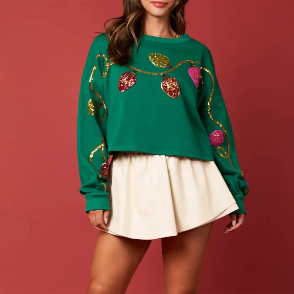 Festive Cropped Holiday Sweatshirt with Sequin Lights - Image 5