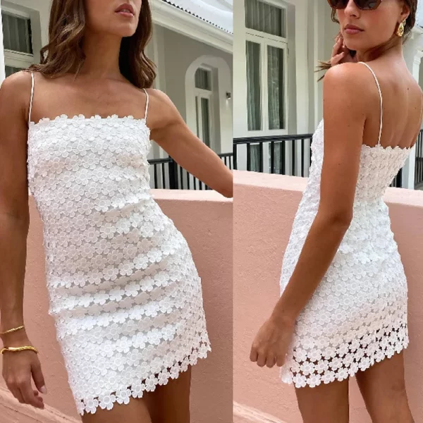 Elegant White Hollow Mini Dress with Lace Embroidery - Image 2