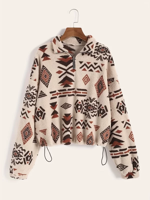 Geometric Pattern Ultra-Fine Fleece Sweater with Zipper for Women