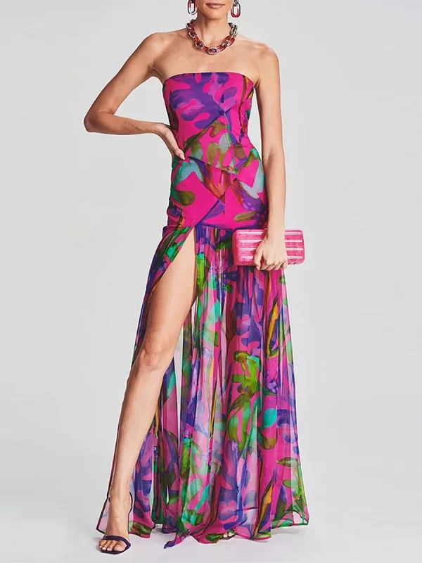 Tropical Leopard Print Strapless Mesh Patchwork Long Tube Dress - Image 4