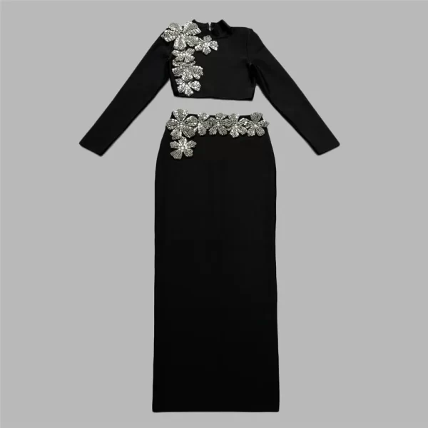 Elegant Women’s Two-Piece Diamond Embellished Set - Long Sleeve Crop Top & Floor-Length Skirt - Image 2