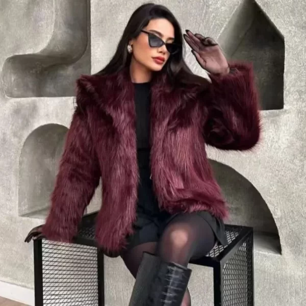 Plush Burgundy Bomber Jacket for Women - Cozy Winter Fur Coat - Image 4