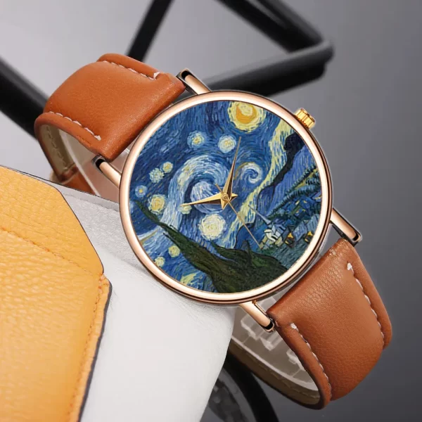 Starry Night Artistic Women's Watch with Leather Strap