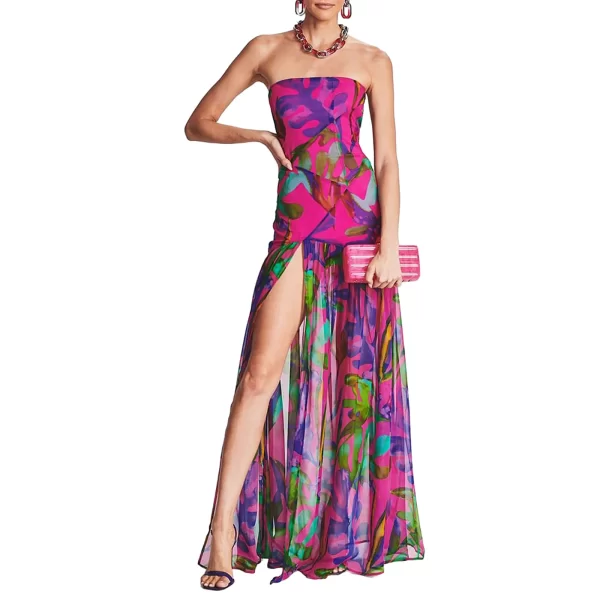 Tropical Leopard Print Strapless Mesh Patchwork Long Tube Dress - Image 7