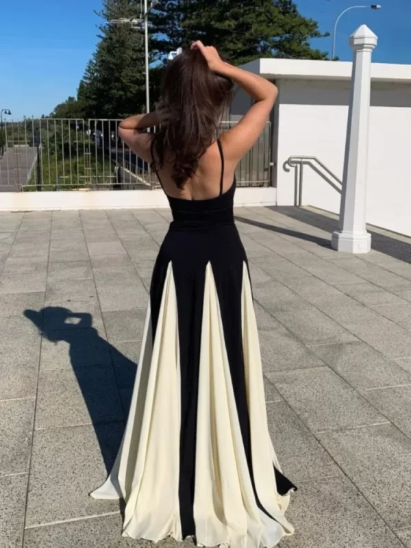 Elegant Black and White Contrast Backless Maxi Dress for Women - Image 2