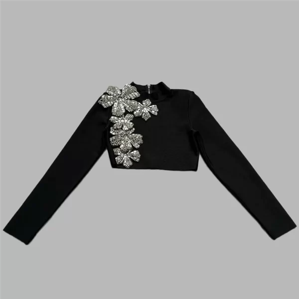 Elegant Women’s Two-Piece Diamond Embellished Set - Long Sleeve Crop Top & Floor-Length Skirt - Image 3