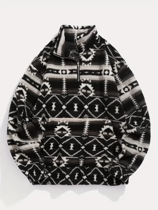 Geometric Pattern Ultra-Fine Fleece Sweater with Zipper for Women - Image 4