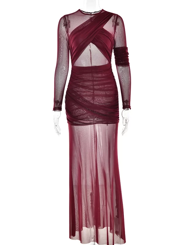 Elegant Mesh Patchwork Bodycon Evening Dress with Long Sleeves - Image 7