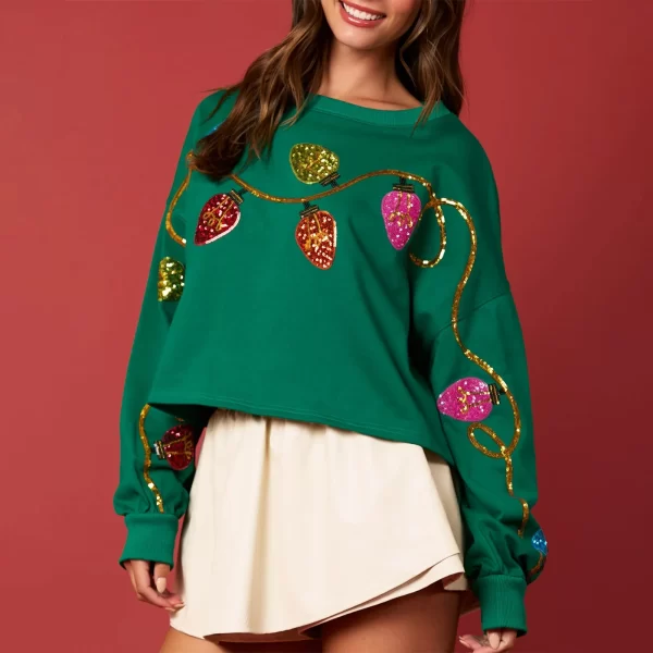 Festive Cropped Holiday Sweatshirt with Sequin Lights - Image 4