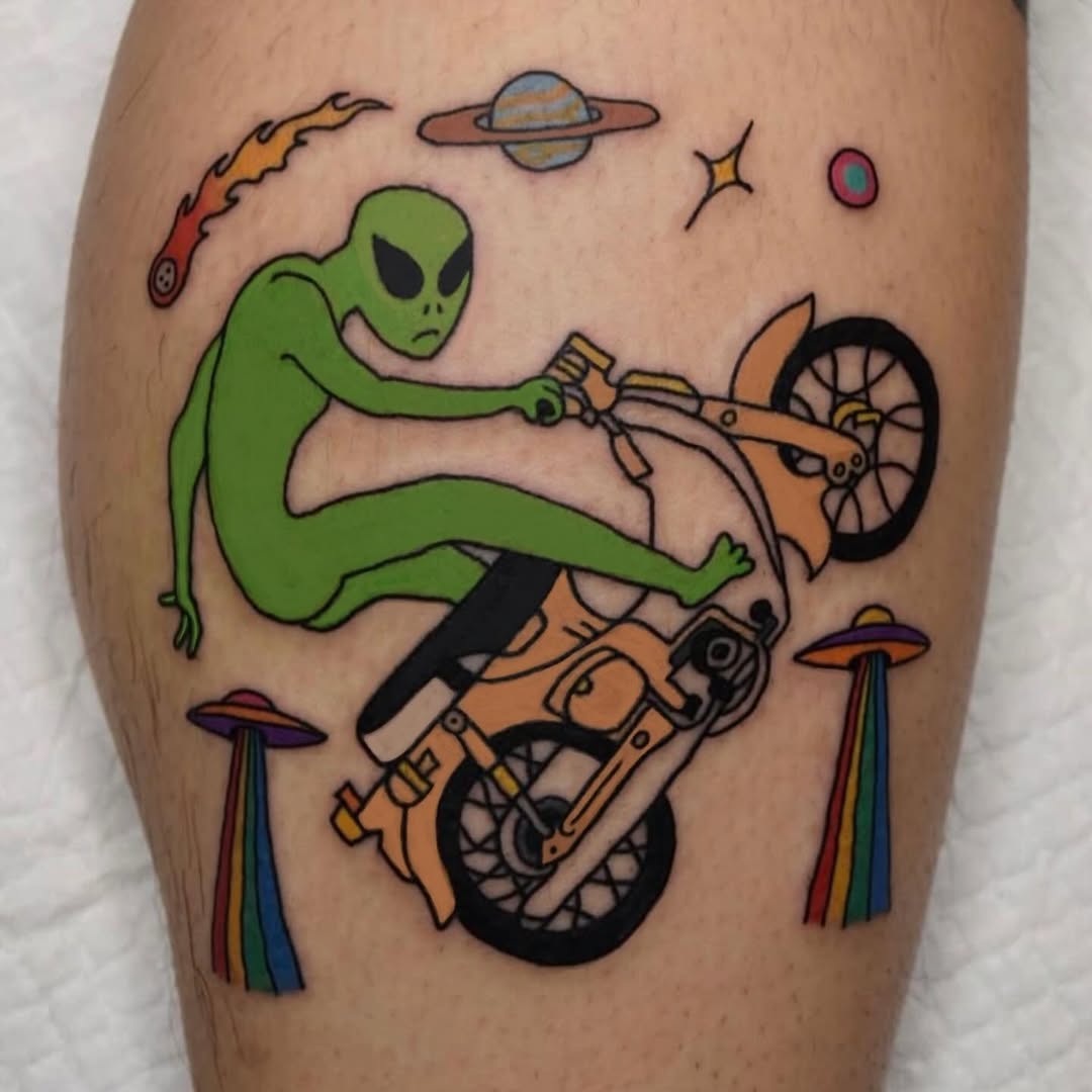 Cool alien on a motorcycle in outer space