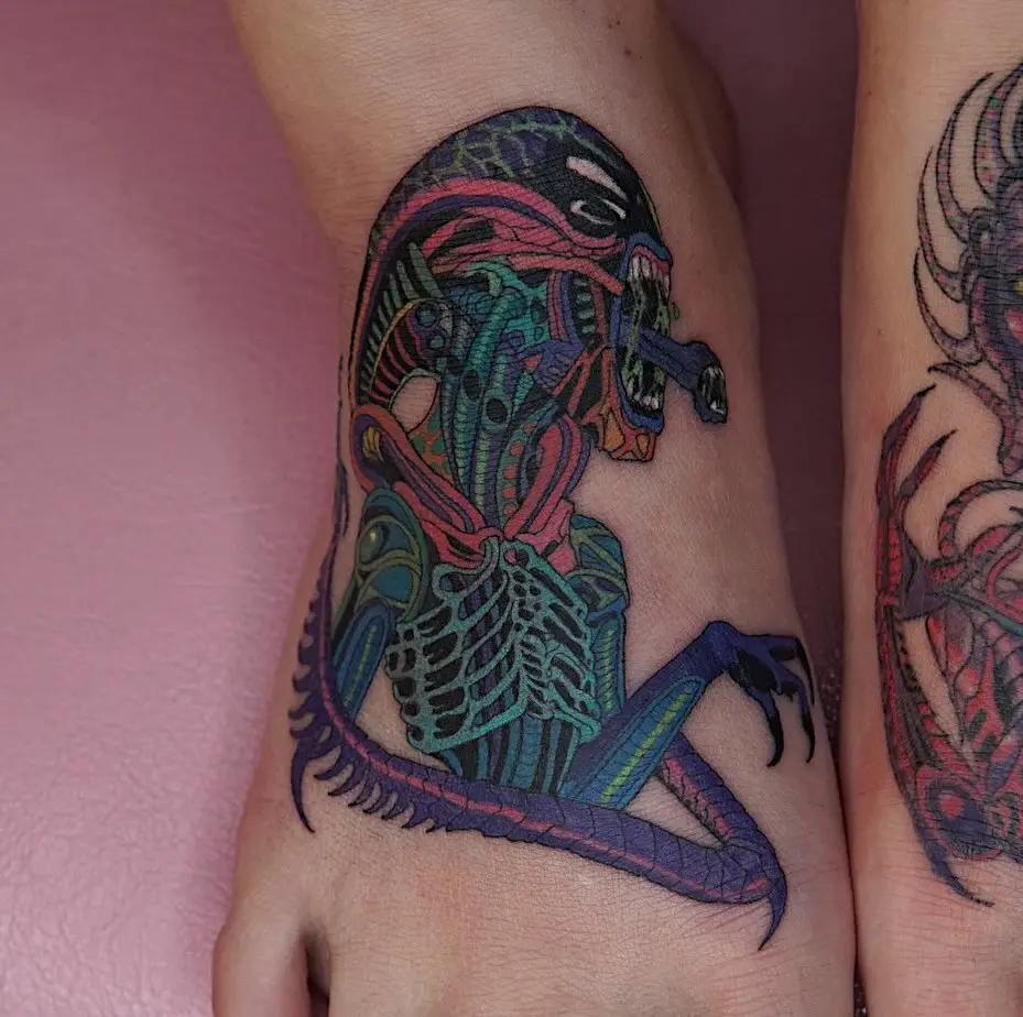 Intricate alien tattoo showcasing vibrant colors