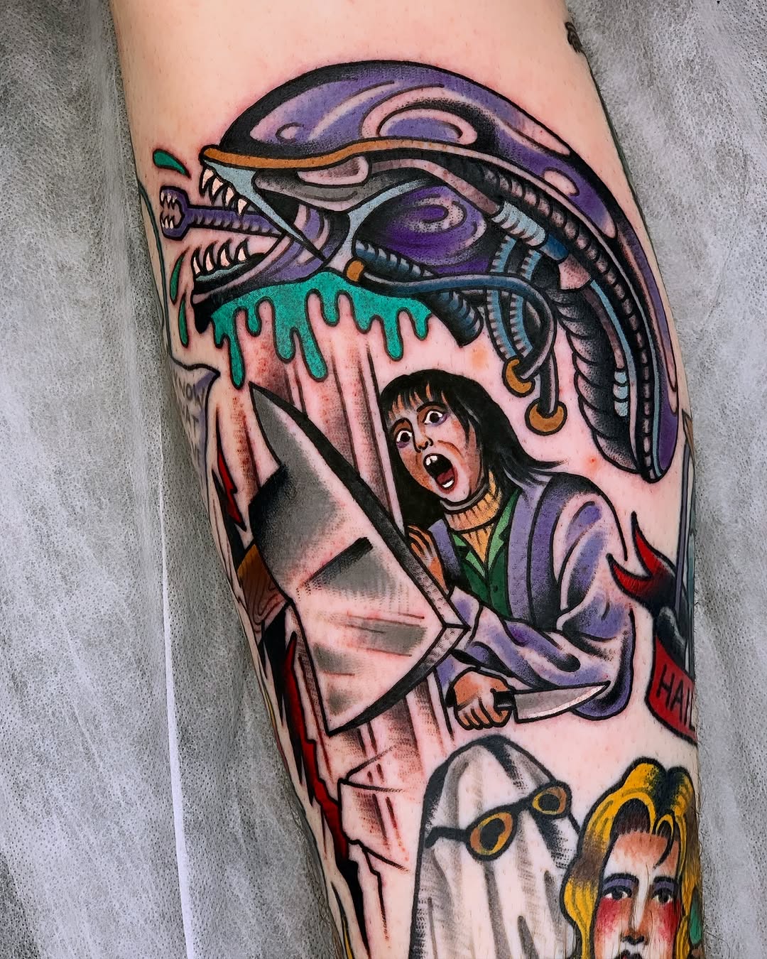 Intricate alien horror cinema tattoo design