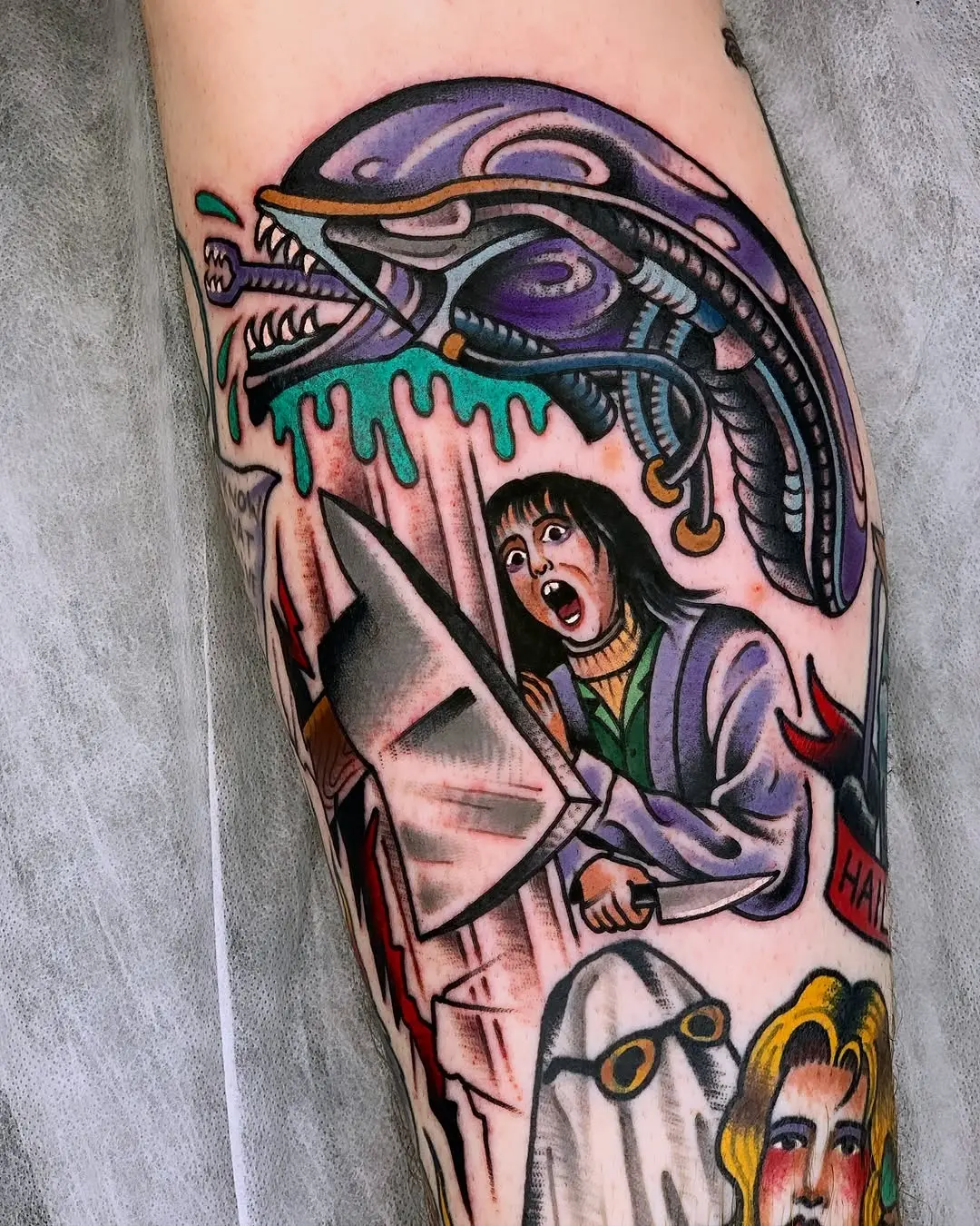 Intricate alien horror cinema tattoo design