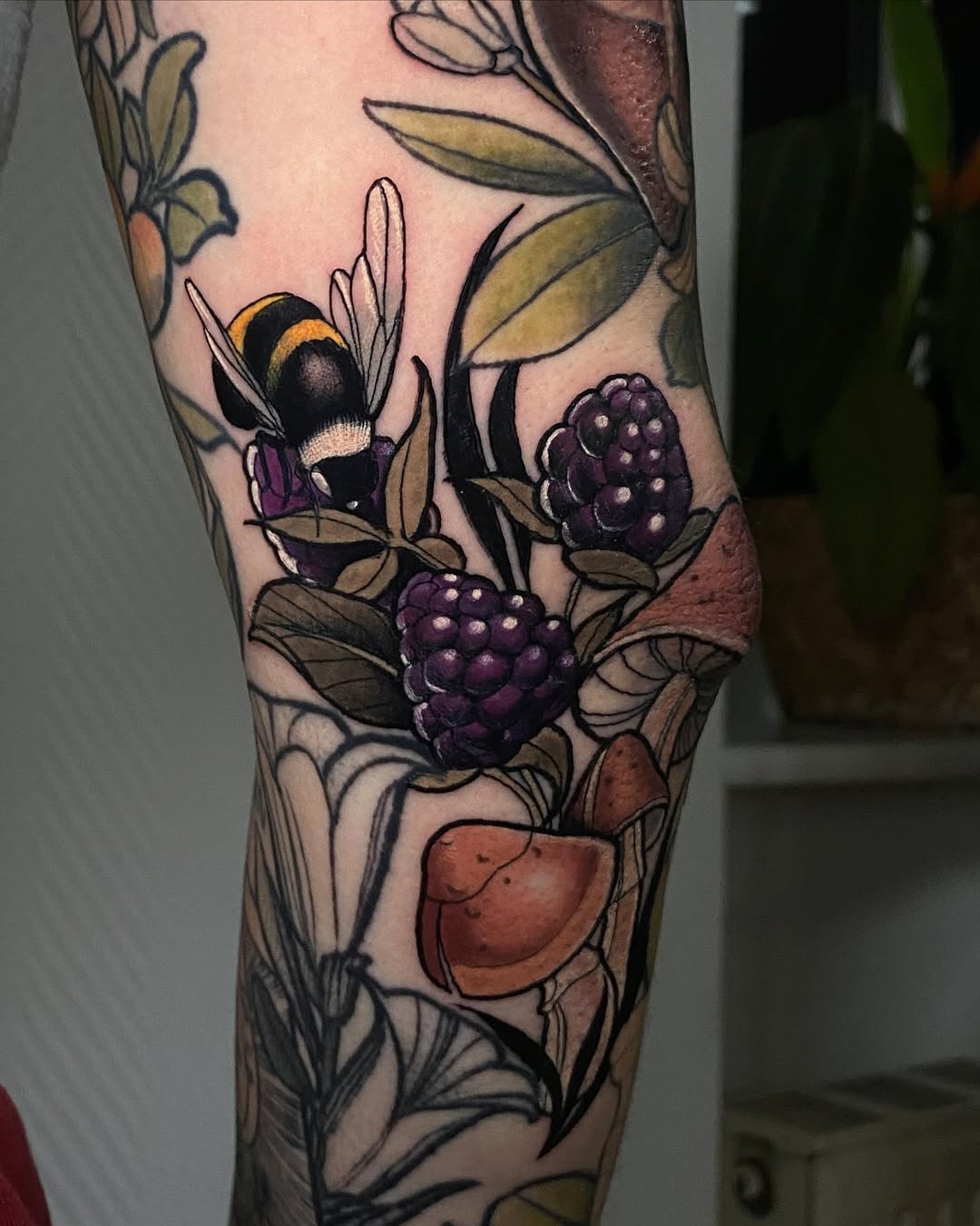 Floral Bumblebee Tattoo in Black and Grey