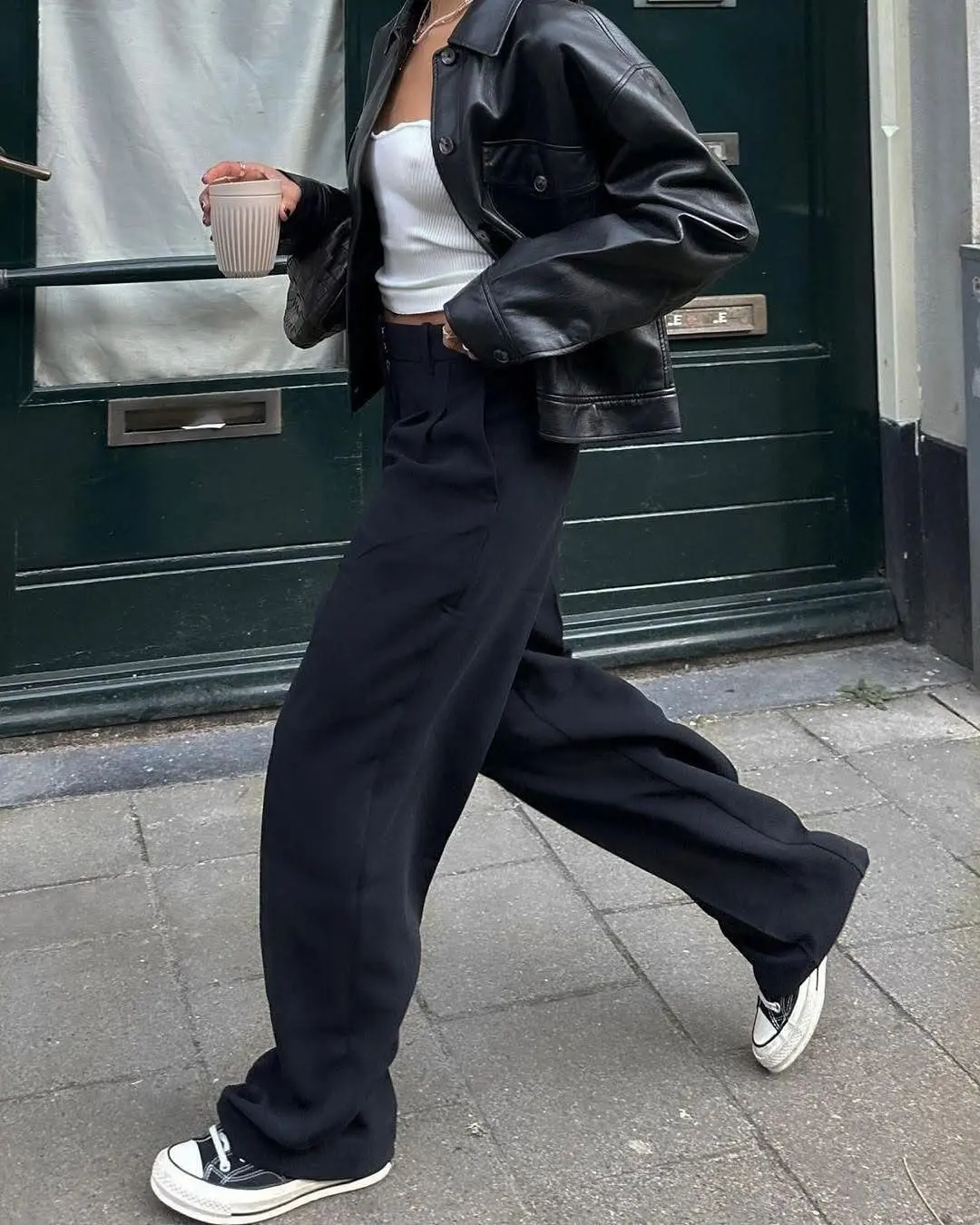 Chic black leather jacket street style outfit