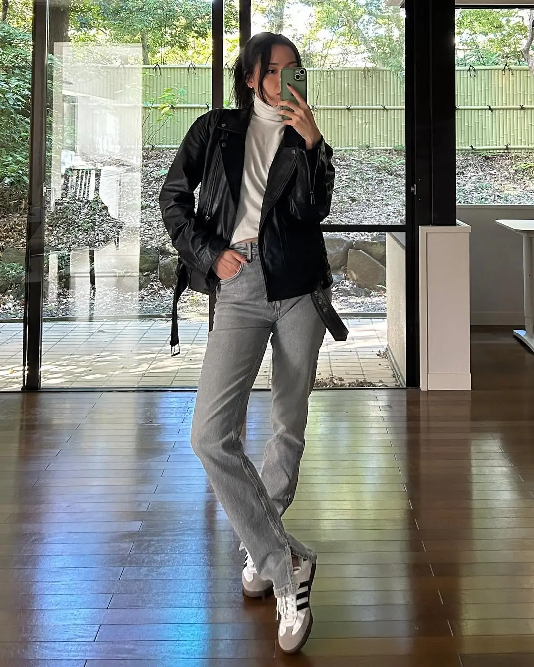 Chic Black Leather Jacket Casual Ensemble