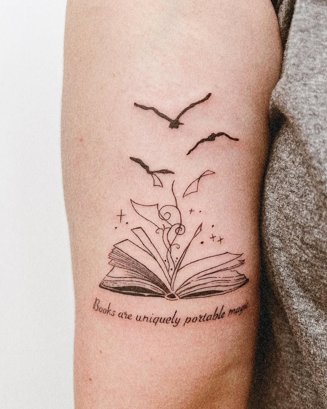 Whimsical Book Tattoo with Floating Birds