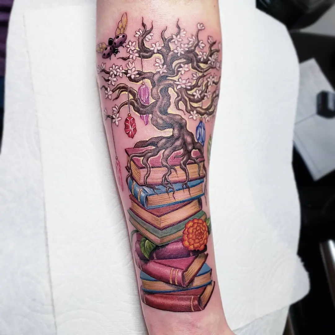 Vivid Tree Roots Embrace Stacked Books