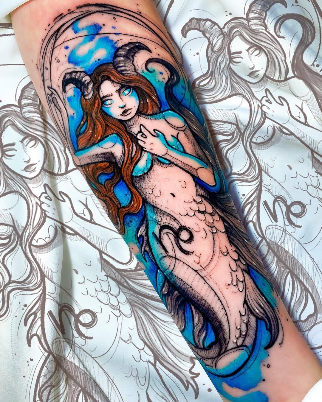 Stunning Capricorn Mermaid Tattoo Design