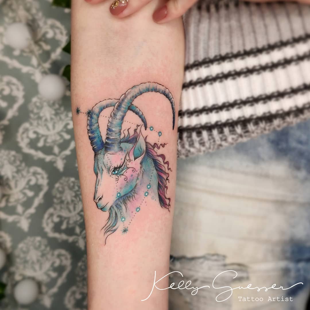 Elegant Capricorn Tattoo with Mystical Elements