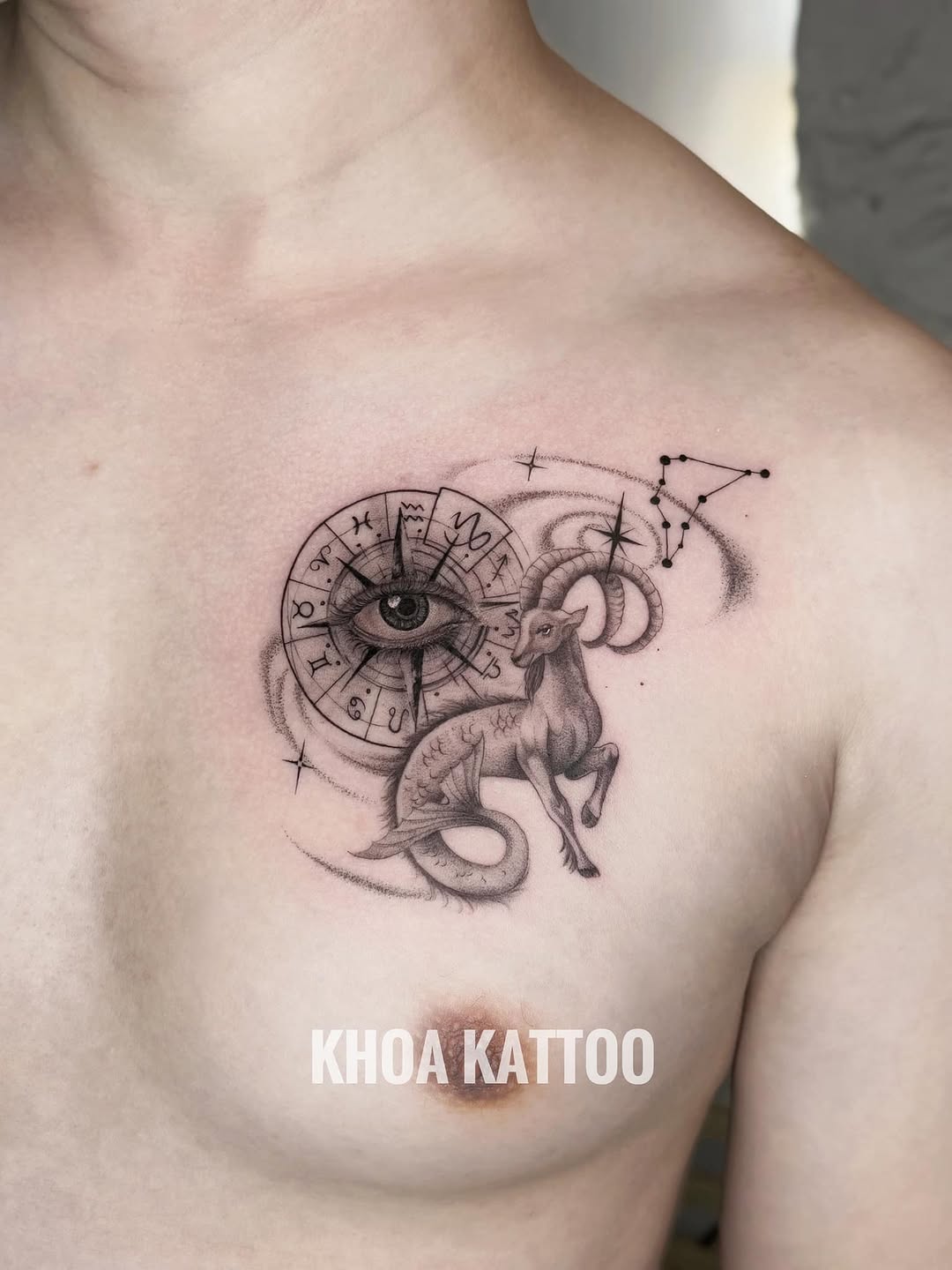 Intricate Capricorn tattoo with mystical symbols