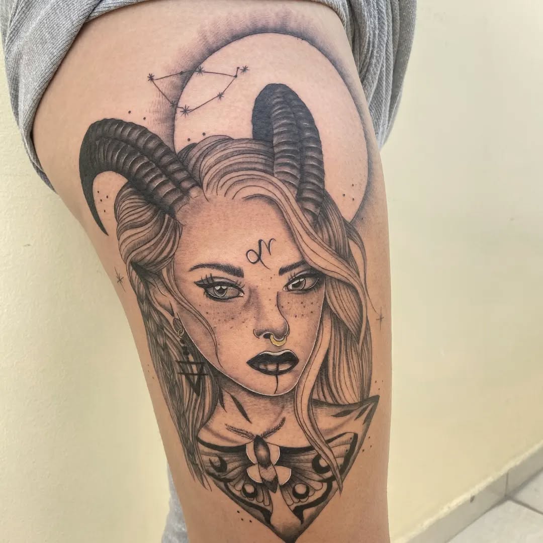 Striking Capricorn tattoo with elegant horned beauty