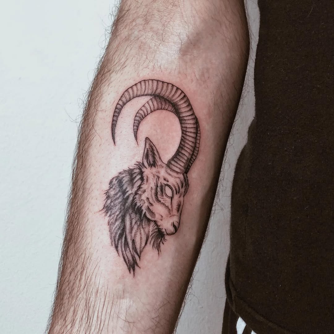 Intricate Capricorn tattoo with a goat head