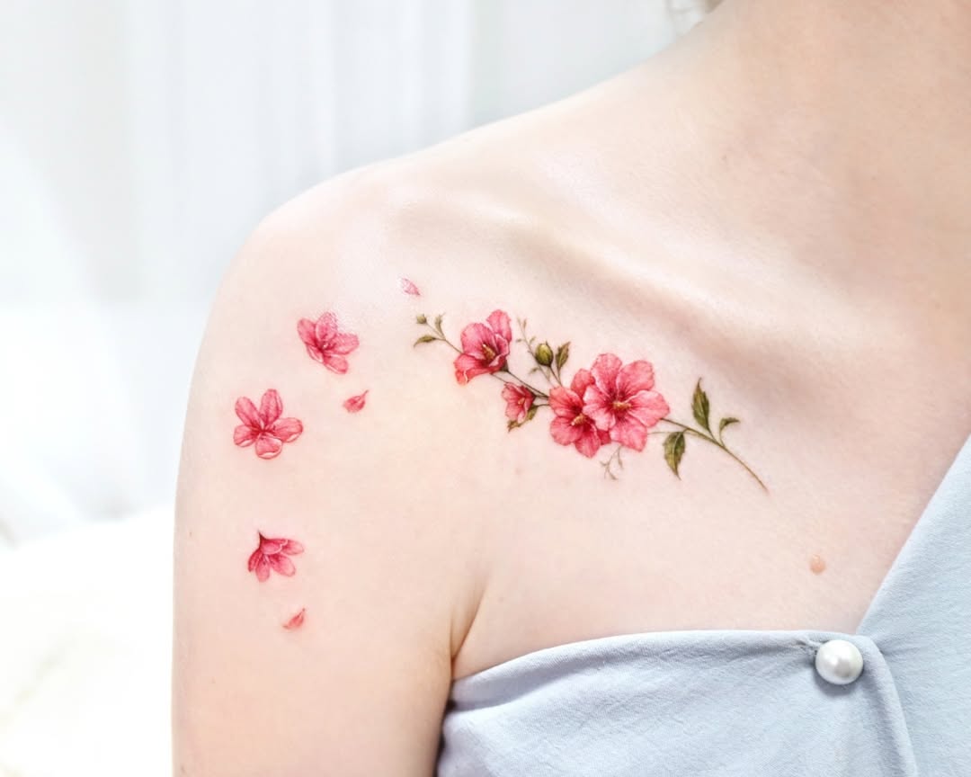 Delicate cherry blossoms on the shoulder