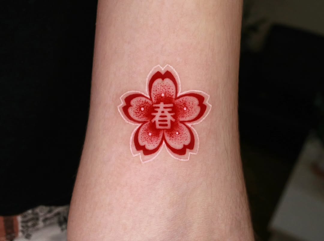 Vibrant red cherry blossom tattoo on wrist