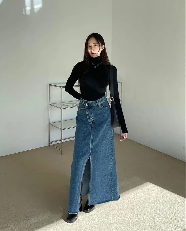 Chic styling with a denim maxi skirt
