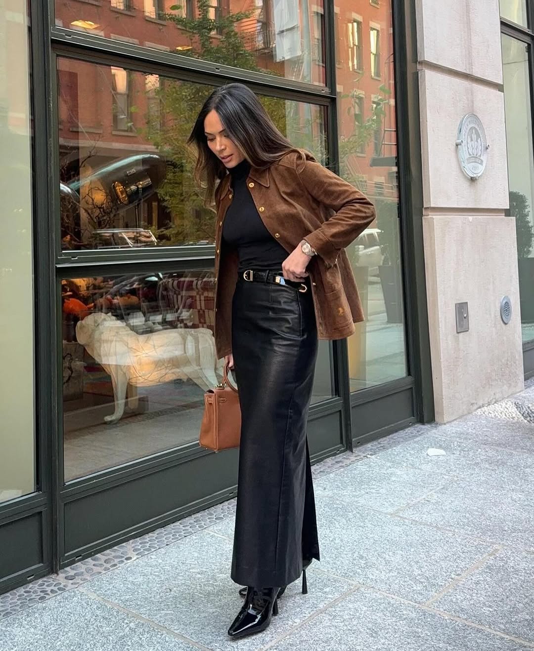 Stylish leather skirt streetwear look