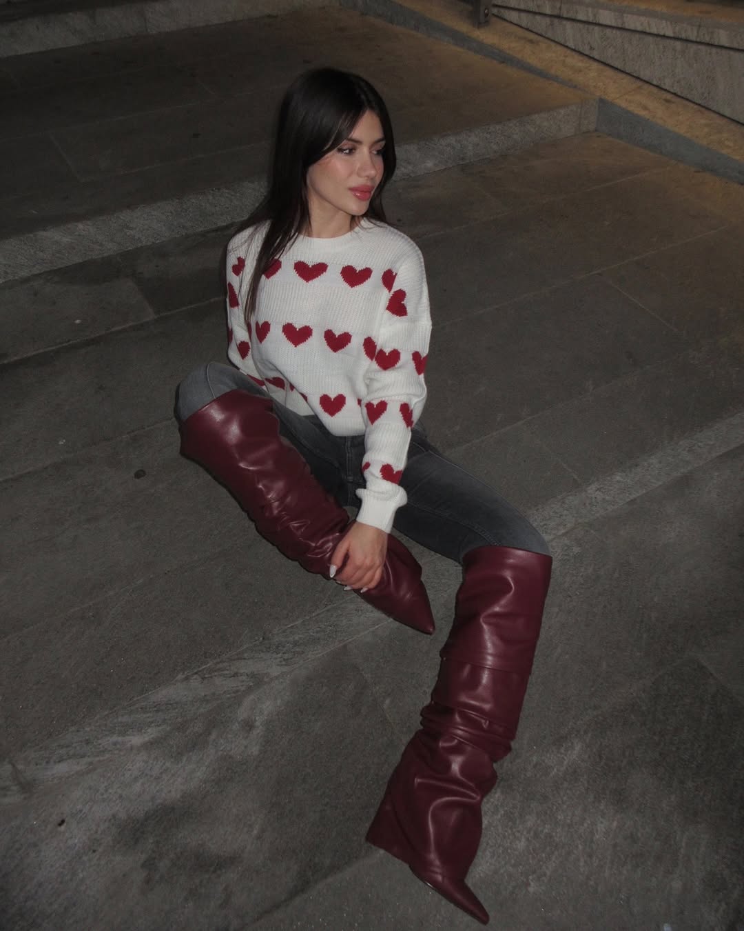 Chic Red Boots with Heart Sweater Vibes