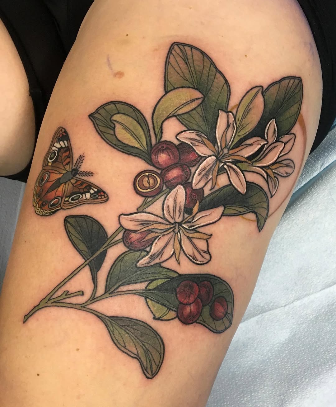 Elegant coffee bean and butterfly tattoo design