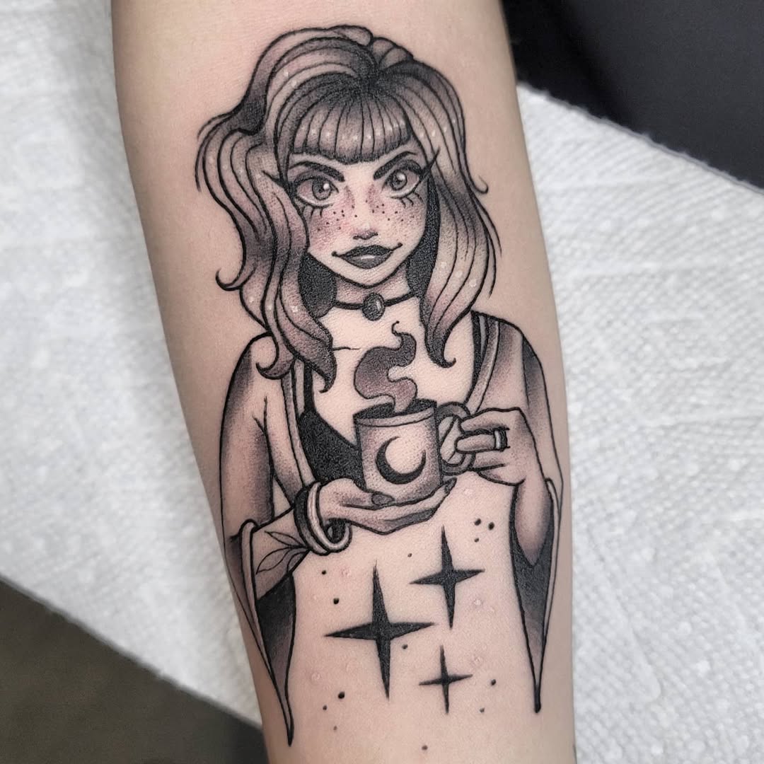 Enchanting female barista with coffee cup tattoo