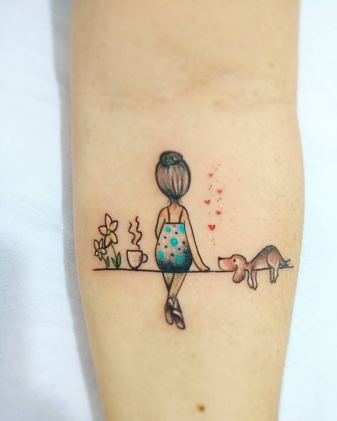 Whimsical Coffee Tattoo with Dog and Flowers