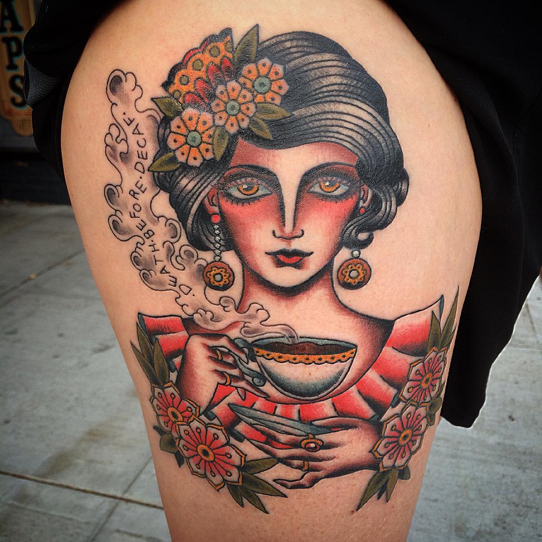 Stylish feminine coffee cup tattoo design