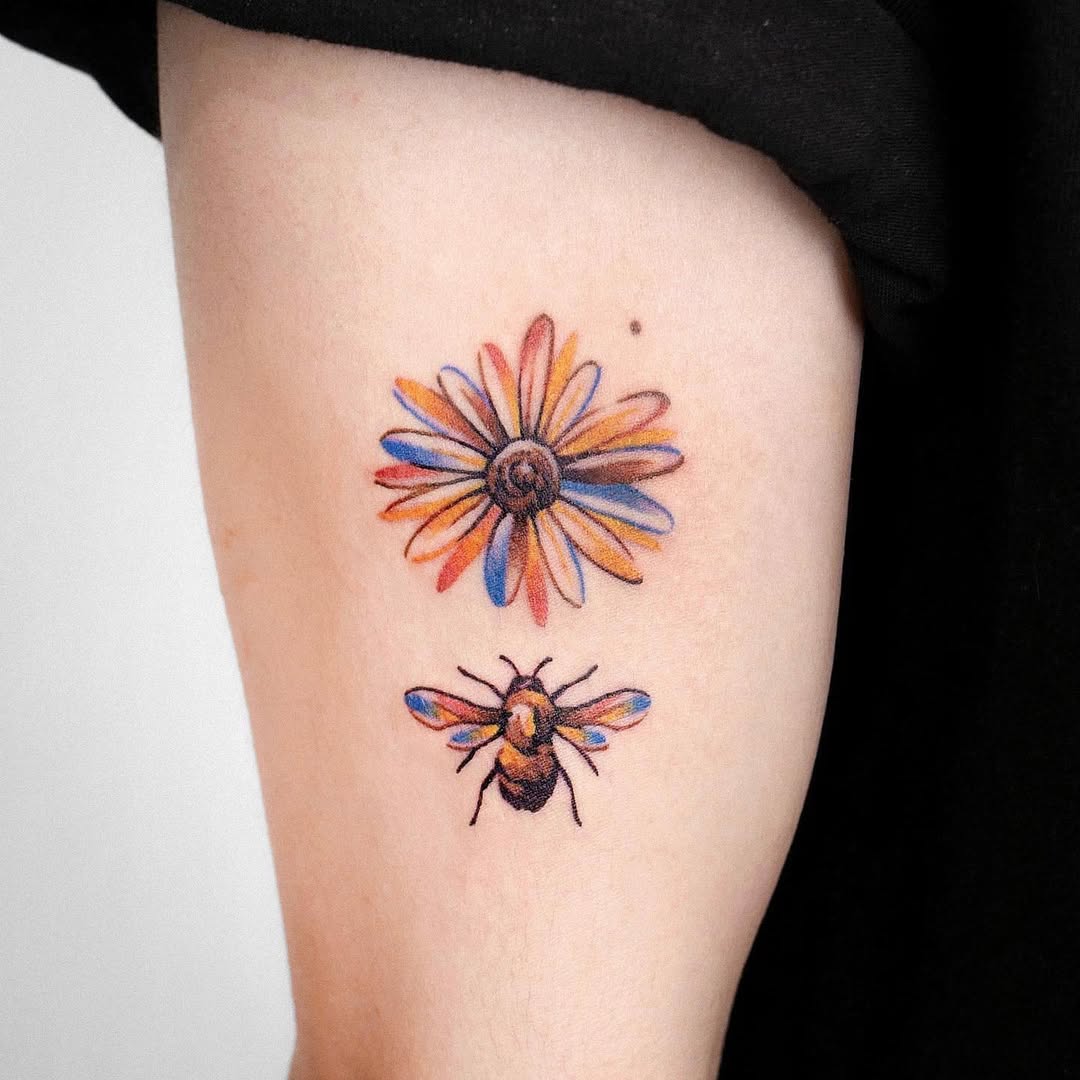 Charming Flower and Bee Tattoo Combo