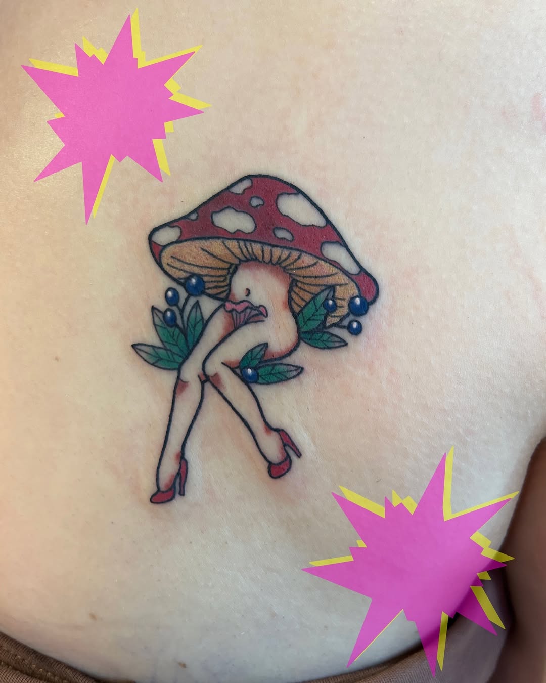 Stylish mushroom tattoo with playful flair