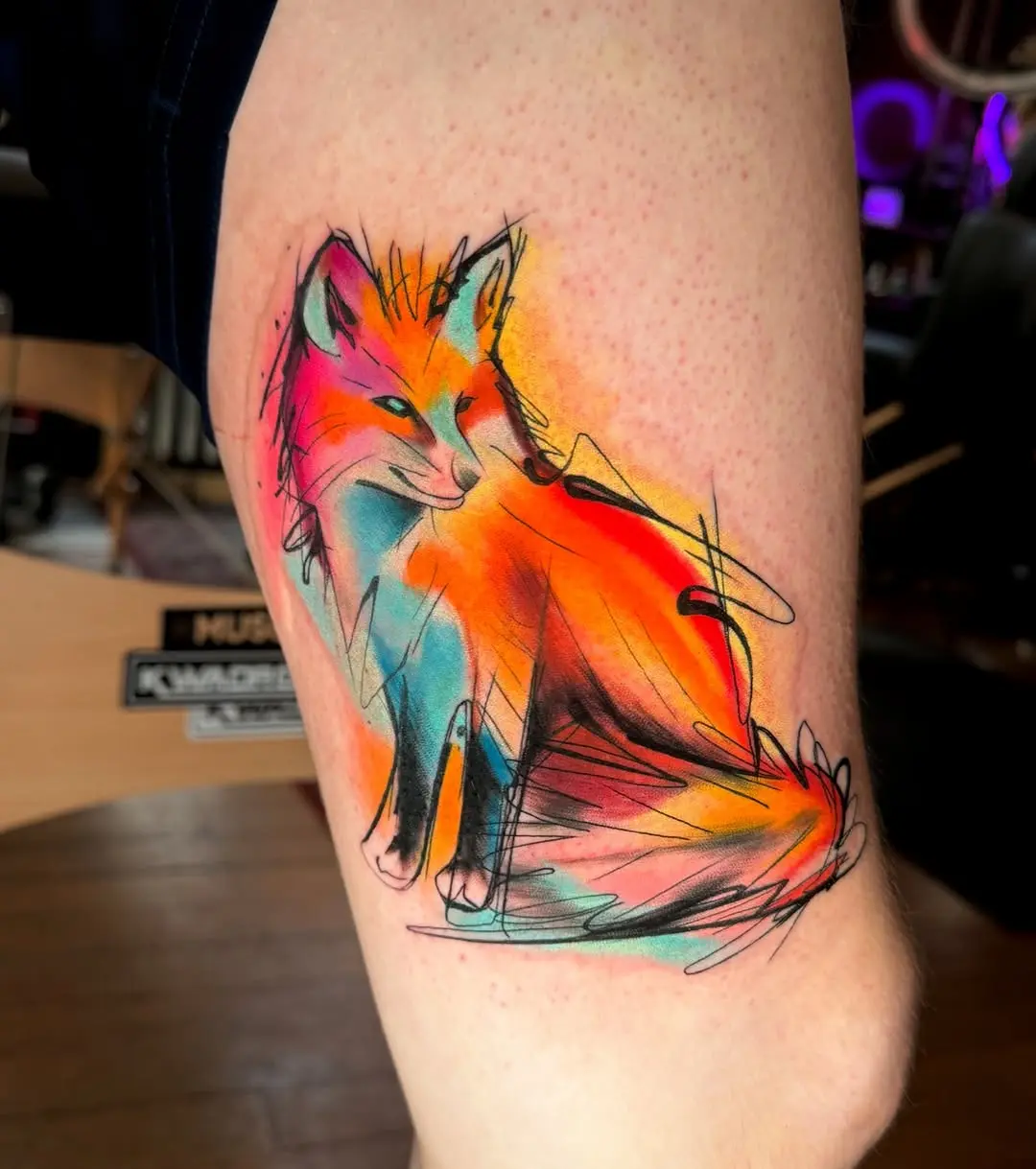 Vibrant watercolor fox tattoo with abstract flair