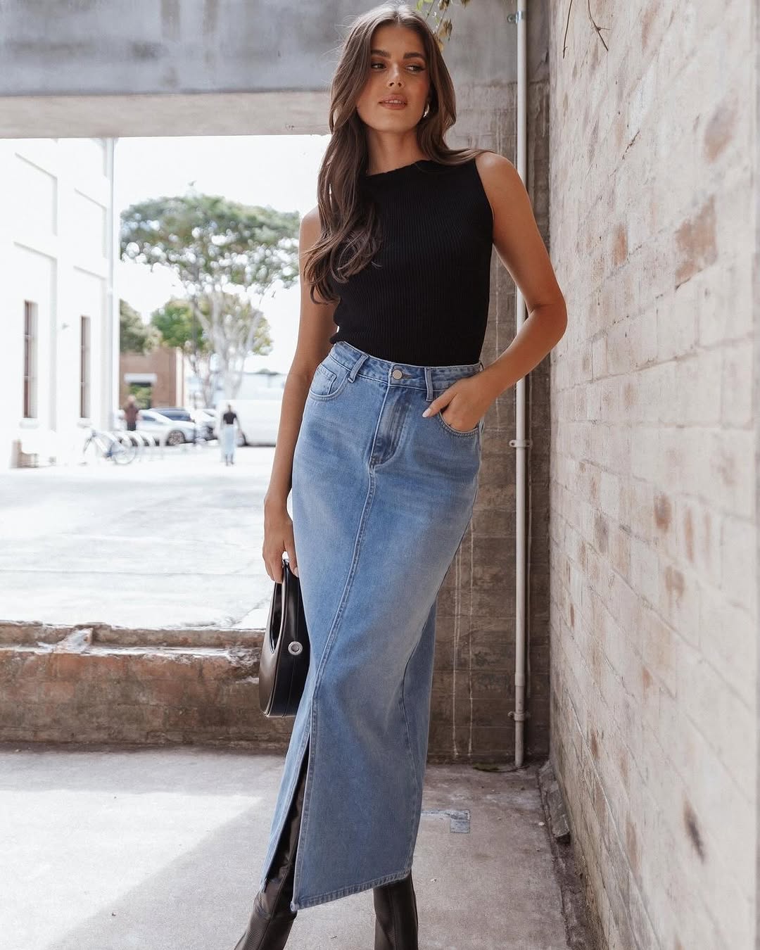 Chic styling with a trendy denim maxi skirt