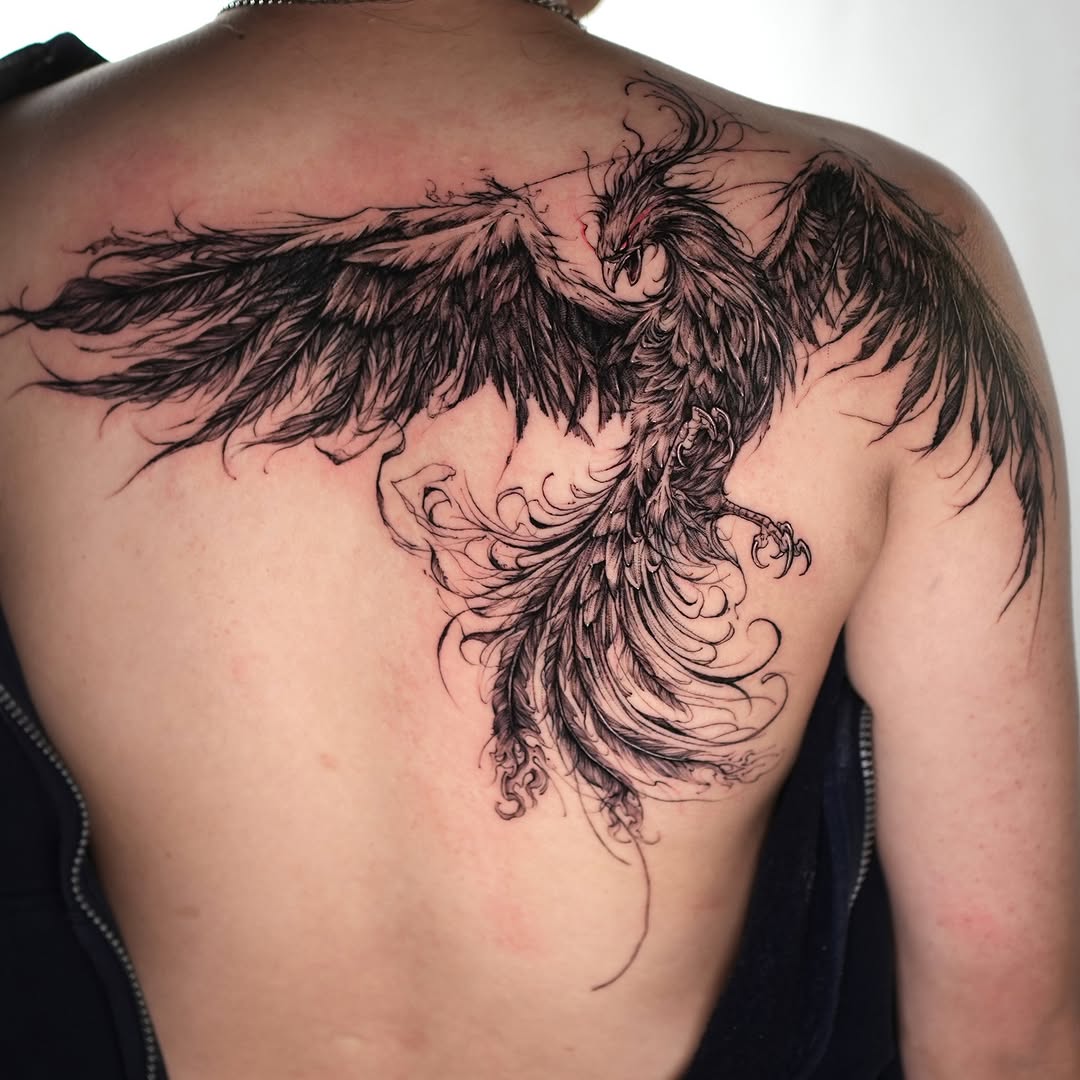 Stunning Phoenix Tattoo Across the Back