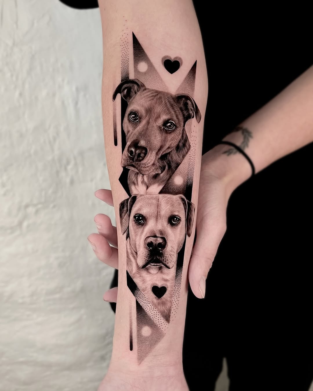 Stylish black and gray dog portrait tattoos