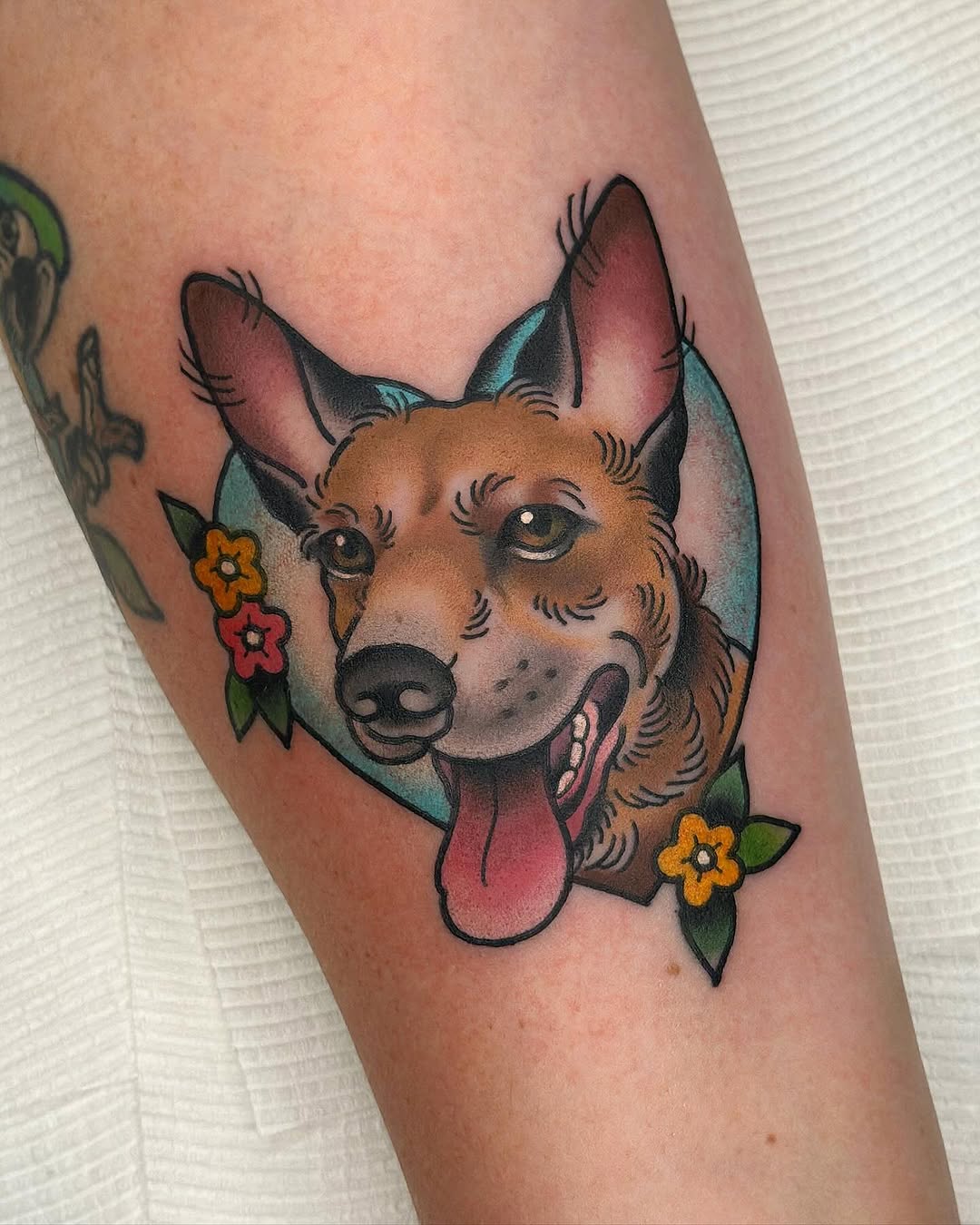 Whimsical dog tattoo showcasing joyful expression