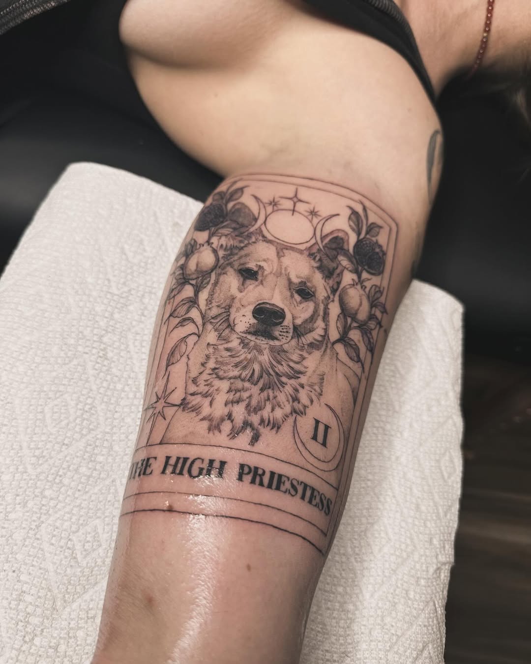 Floral Dog Tattoo Inspired by Tarot Themes