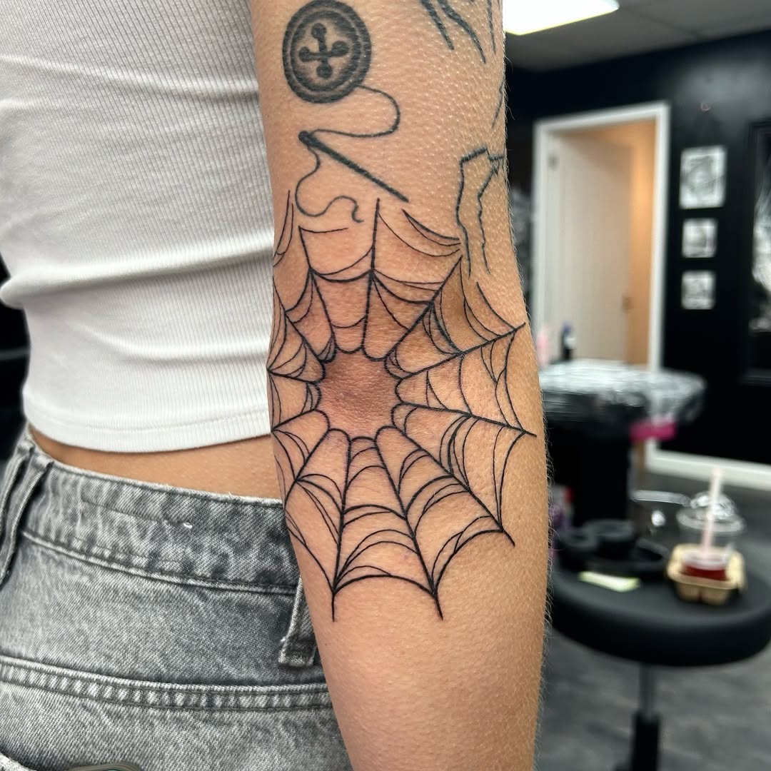 Stunning Spider Web Elbow Tattoo Design